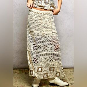 ❤️Hello! POL Floral Crochet Ruffled Waistband Maxi Skirt w/Granny Square Weave